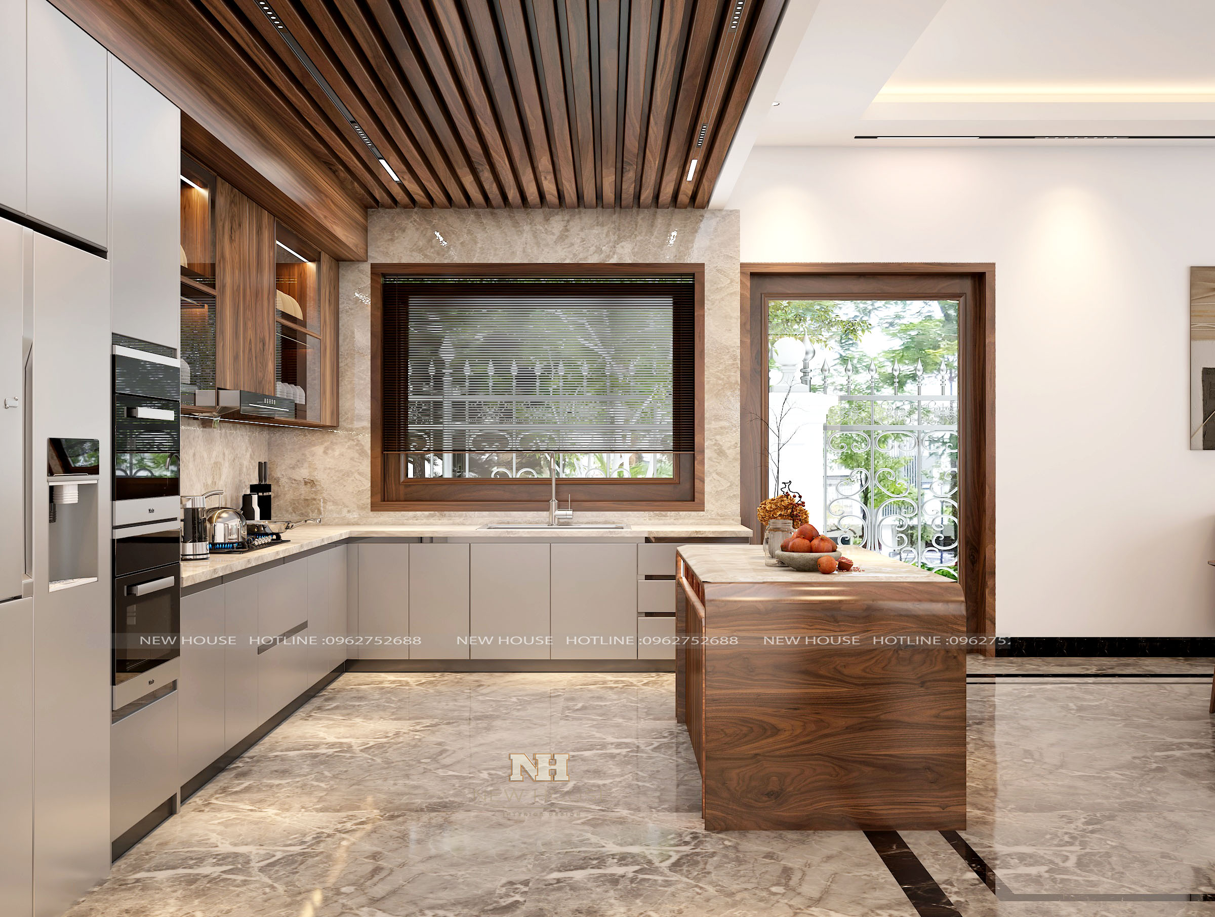 Tủ bếp gỗ óc chó tự nhiên điểm nhấn sang trọng cho phòng bếp hiện đại